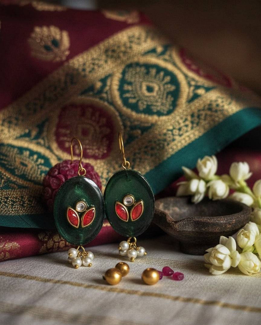 Oval flat bead kundan earrings